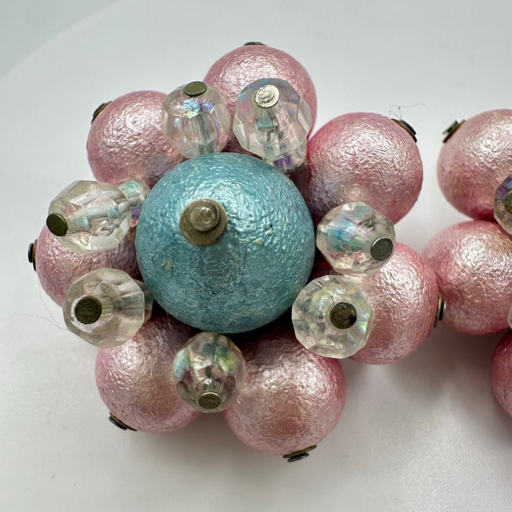1950s vintage silver tone AB glass pink blue celluloid beaded clip on earrings - Picture 4 of 8